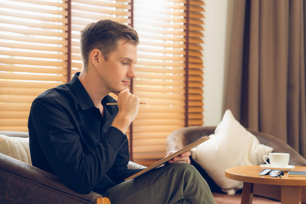 Man sitting thoughtfully with a clipboard as he plans his health goals, reflecting the theme of planning men’s health in Parker CO.