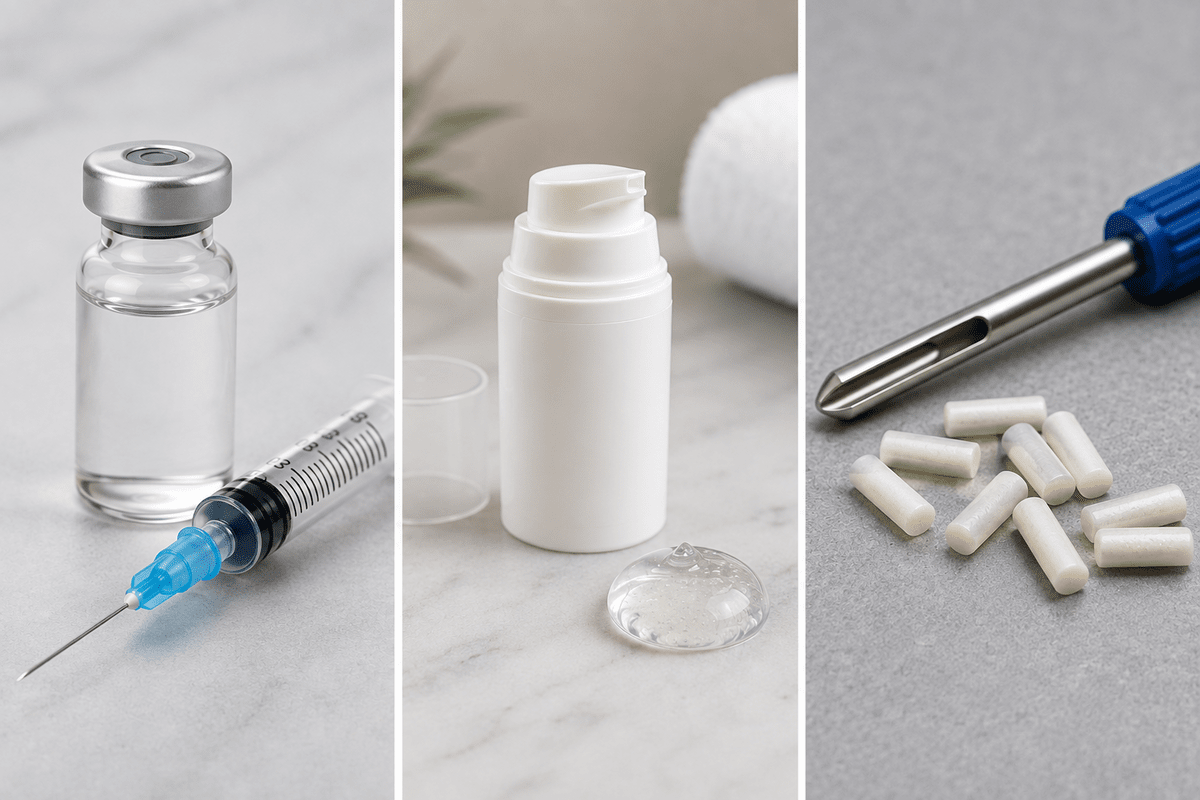 TRT injections vs gels vs pellets shown side by side as a vial and syringe, a pump bottle, and testosterone pellets with an insertion tool